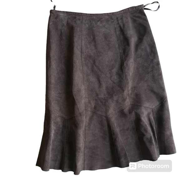 Alfani Dresses & Skirts - Alfani 100% Real Genuine Suede Leather Midi Skirt Pleats Raw Hem Dark Brown zip